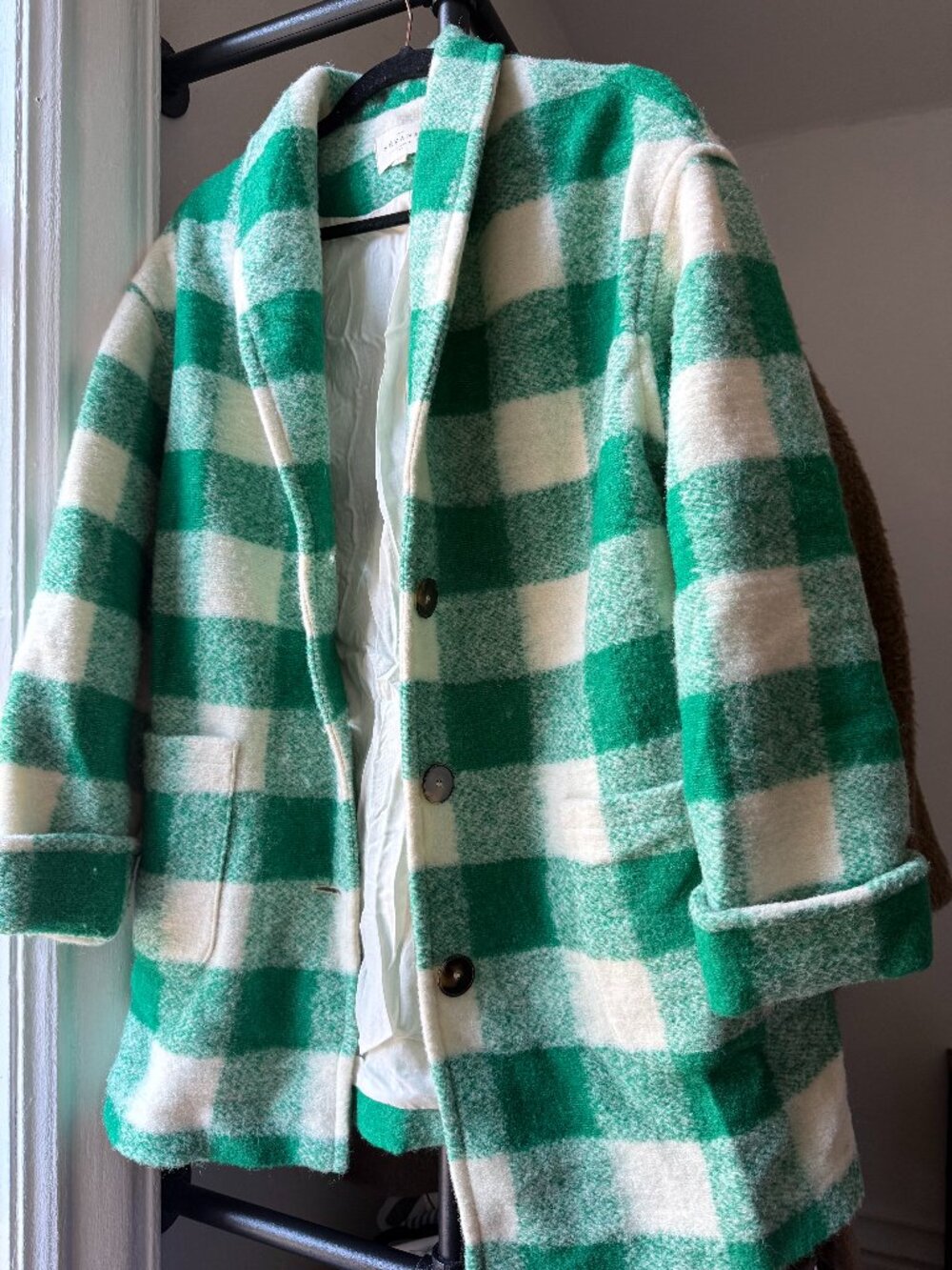 Sézane Green Plaid Wool Coat Checkered Sz 34/XS